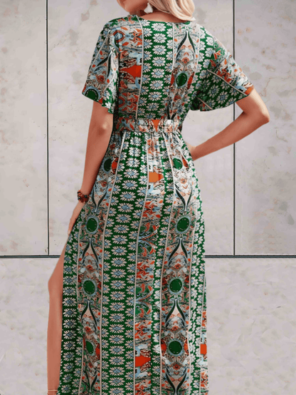 Women's Wrap Dress - V-neck - Short Ruffled Sleeves - Adjustable Waist - Midi Length