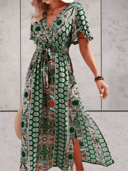 Women's Wrap Dress - V-neck - Short Ruffled Sleeves - Adjustable Waist - Midi Length