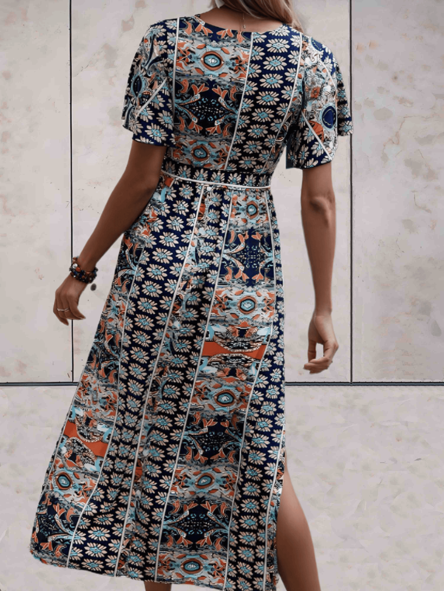 Women's Wrap Dress - V-neck - Short Ruffled Sleeves - Adjustable Waist - Midi Length