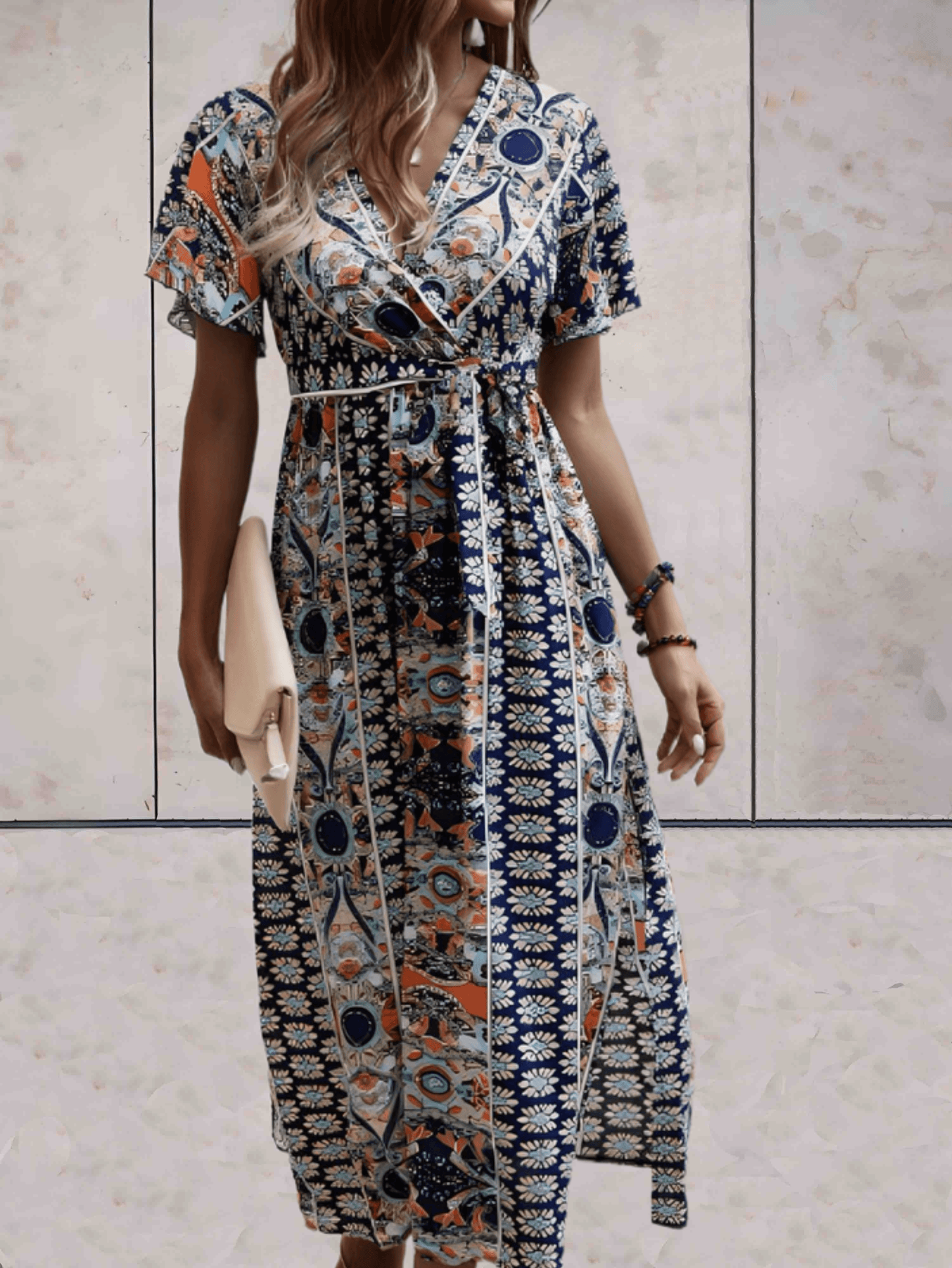 Women's Wrap Dress - V-neck - Short Ruffled Sleeves - Adjustable Waist - Midi Length