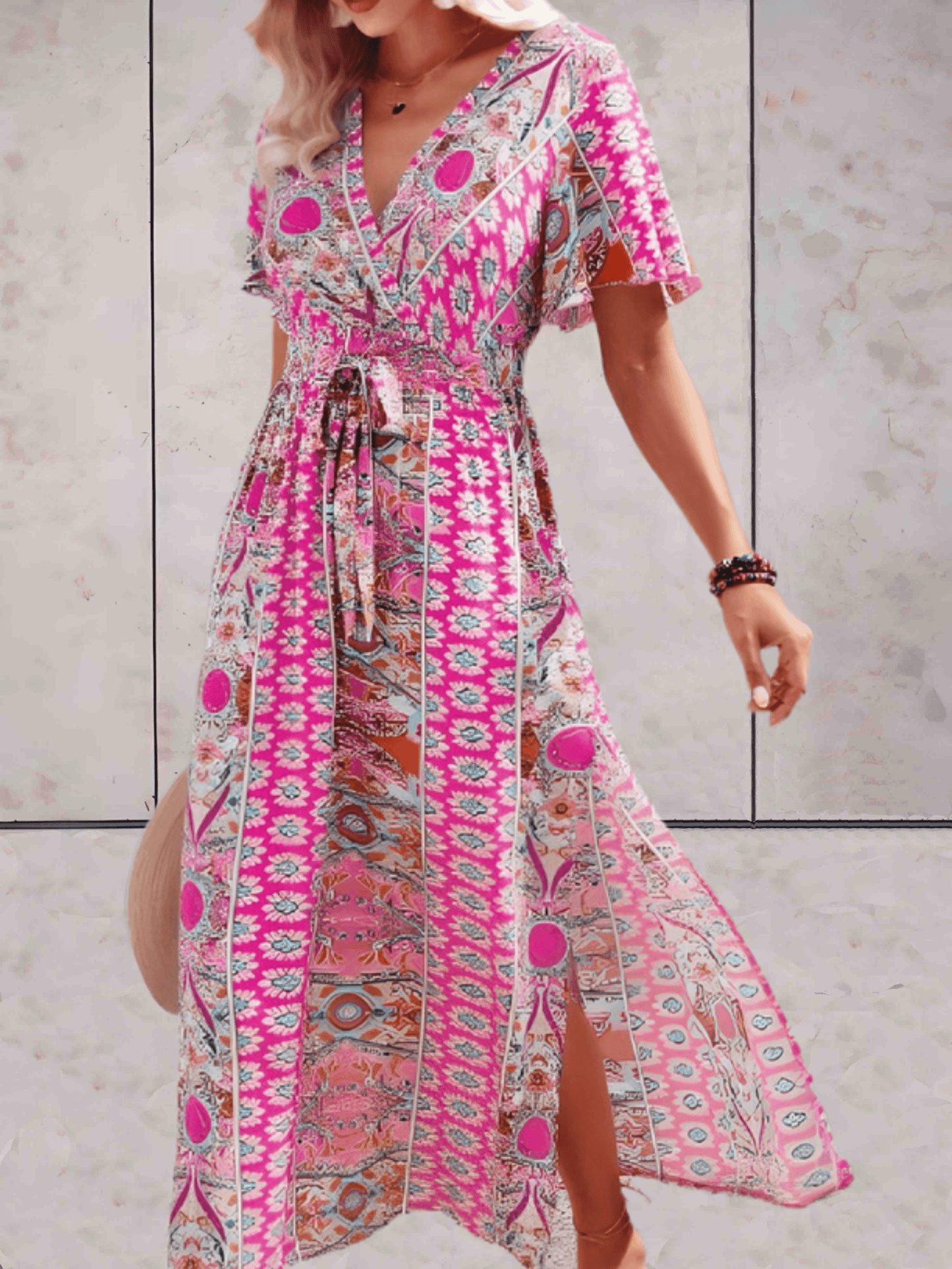 Women's Wrap Dress - V-neck - Short Ruffled Sleeves - Adjustable Waist - Midi Length