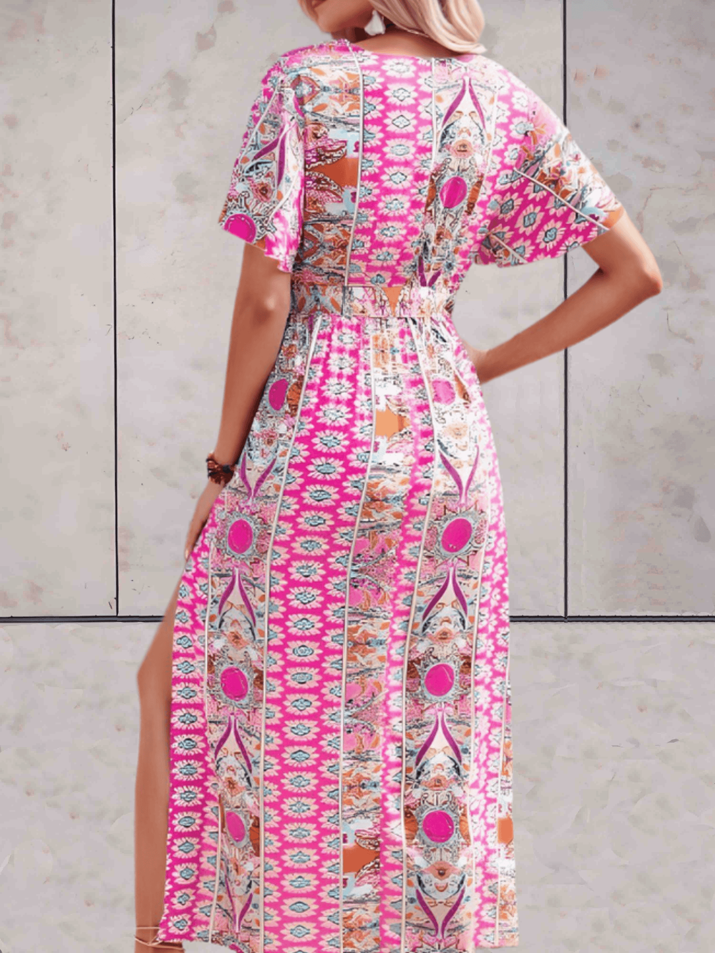 Women's Wrap Dress - V-neck - Short Ruffled Sleeves - Adjustable Waist - Midi Length