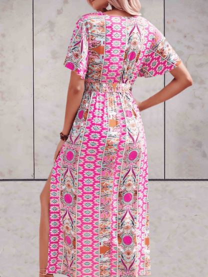 Women's Wrap Dress - V-neck - Short Ruffled Sleeves - Adjustable Waist - Midi Length