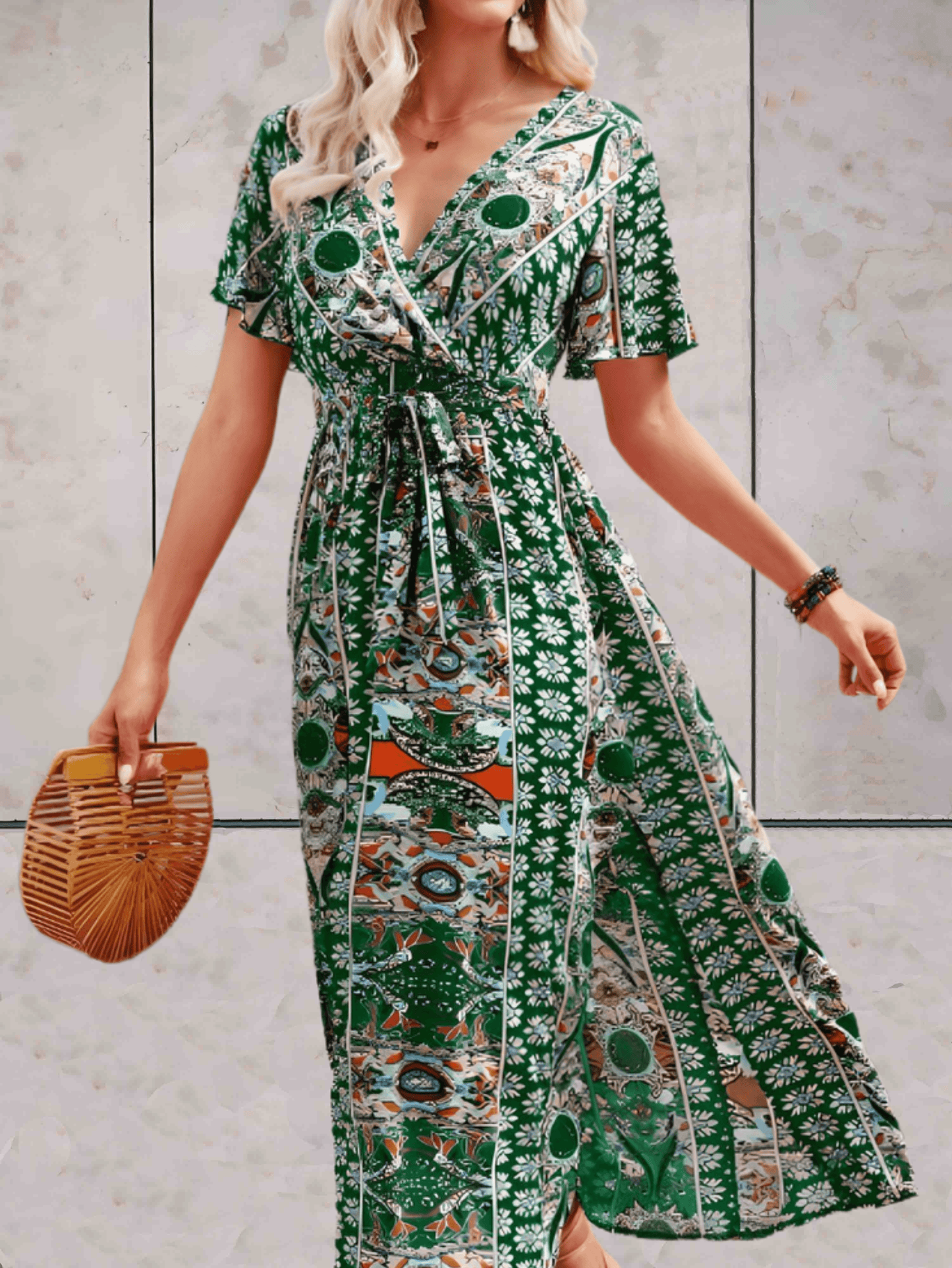 Women's Wrap Dress - V-neck - Short Ruffled Sleeves - Adjustable Waist - Midi Length
