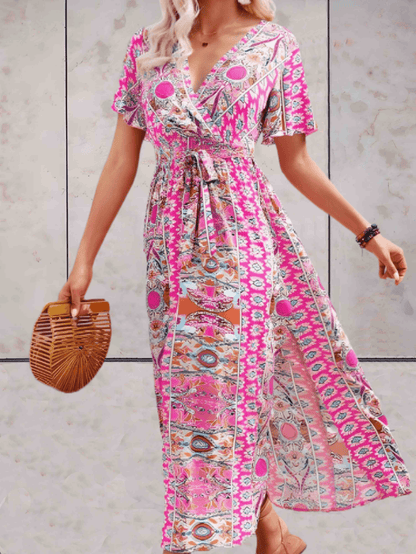 Women's Wrap Dress - V-neck - Short Ruffled Sleeves - Adjustable Waist - Midi Length