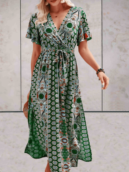 Women's Wrap Dress - V-neck - Short Ruffled Sleeves - Adjustable Waist - Midi Length