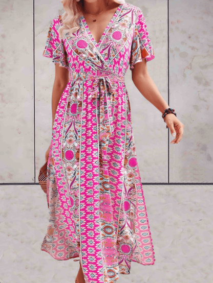 Women's Wrap Dress - V-neck - Short Ruffled Sleeves - Adjustable Waist - Midi Length