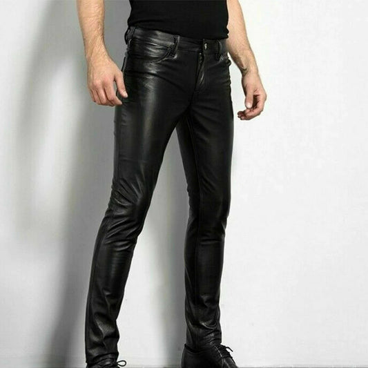 Men's Trousers – Slim Fit – Faux Leather – Five-Pocket Design – Full Length – Belt Loops