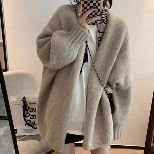 Women's Knitted Cardigan - Oversized Fit - V-neck Open Front - Long Sleeves