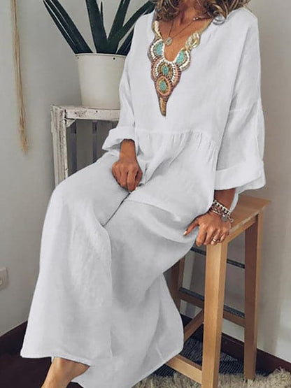 Women's Caftan Dress – Long Maxi Length – V-Neck with Embroidery – Loose and Airy Fit