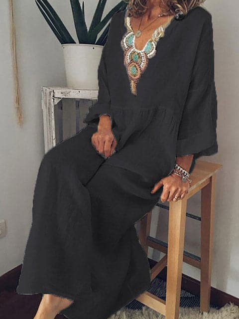 Women's Caftan Dress – Long Maxi Length – V-Neck with Embroidery – Loose and Airy Fit