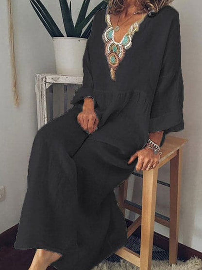 Women's Caftan Dress – Long Maxi Length – V-Neck with Embroidery – Loose and Airy Fit