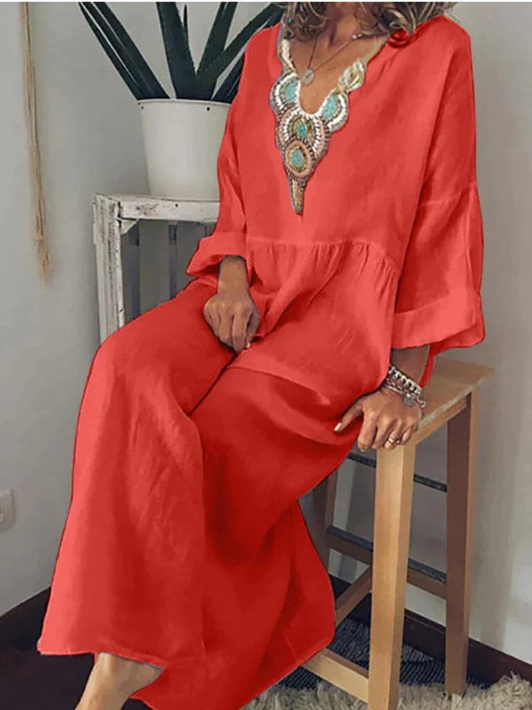 Women's Caftan Dress – Long Maxi Length – V-Neck with Embroidery – Loose and Airy Fit