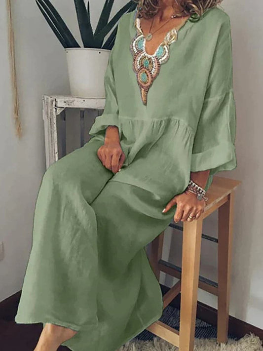 Women's Caftan Dress – Long Maxi Length – V-Neck with Embroidery – Loose and Airy Fit