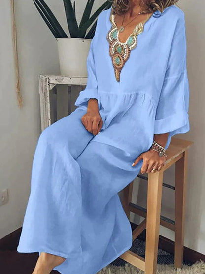Women's Caftan Dress – Long Maxi Length – V-Neck with Embroidery – Loose and Airy Fit