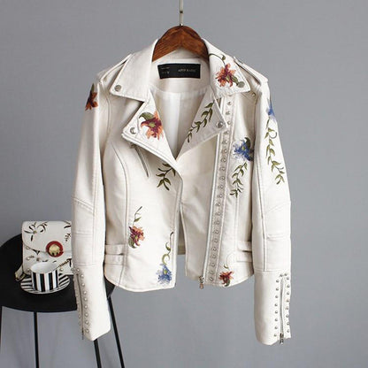 Women's Biker Jacket – Imitation Leather – Floral Embroidery – Stud Details – Asymmetric Zipper