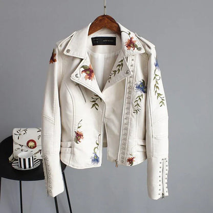 Women's Biker Jacket – Tailored Fit – Floral Embroidery – Studded Details – Lightweight