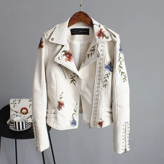 Women's Biker Jacket – Tailored Fit – Floral Embroidery – Studded Details – Lightweight