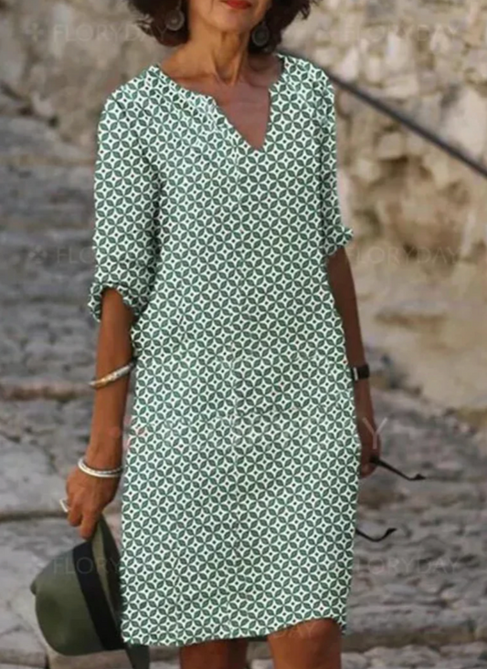 Women's Dress - V-neck - Straight Fit - Long Sleeved - Geometric Pattern