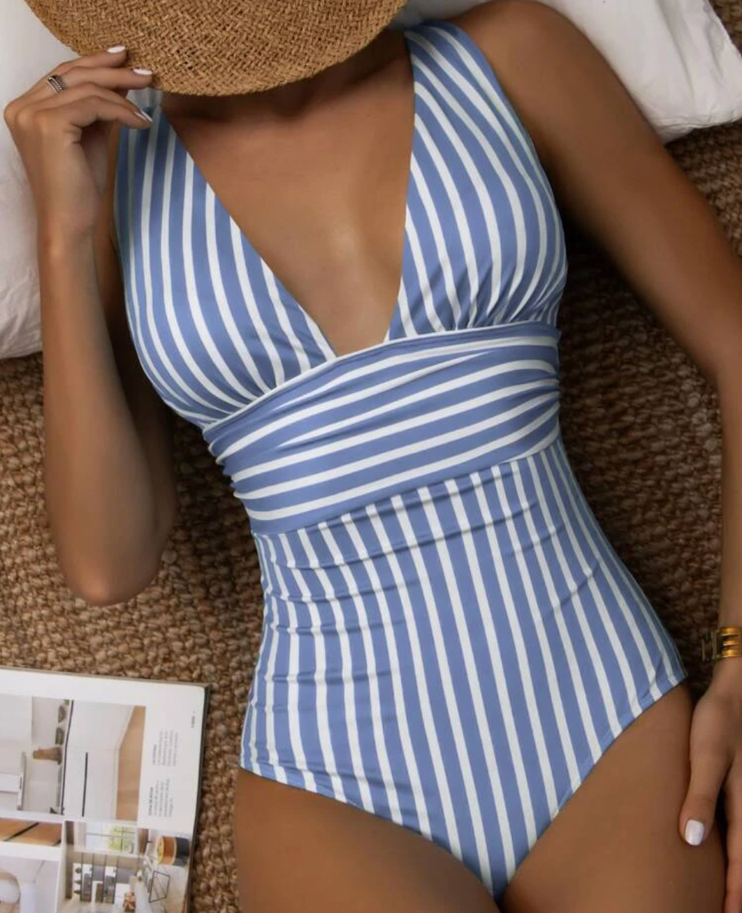 Women's Swimsuit – V-neck – Ruched Front – Tailored Fit – Striped Design