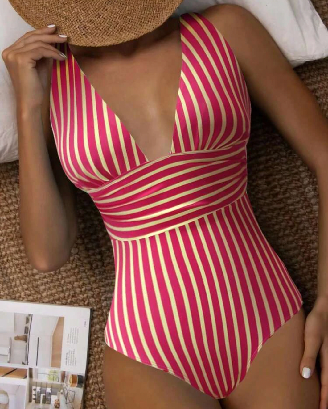 Women's Swimsuit – V-neck – Ruched Front – Tailored Fit – Striped Design