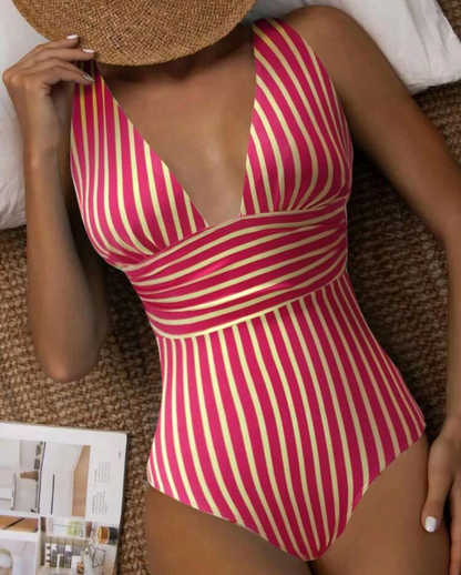 Women's Swimsuit – V-neck – Ruched Front – Tailored Fit – Striped Design
