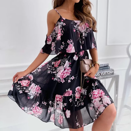 Women's Dress - Floral Flowy Design - Thin Straps - Knee-Length with Ruffles