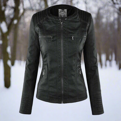 Dame Bikerjakke – Imitert Skinn – Slim Fit – Hette med Snøring – Glidelåslommer