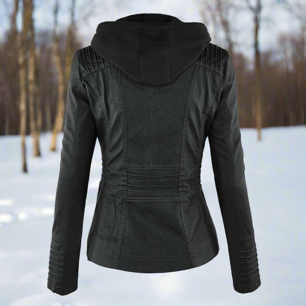 Dame Bikerjakke – Imitert Skinn – Slim Fit – Hette med Snøring – Glidelåslommer