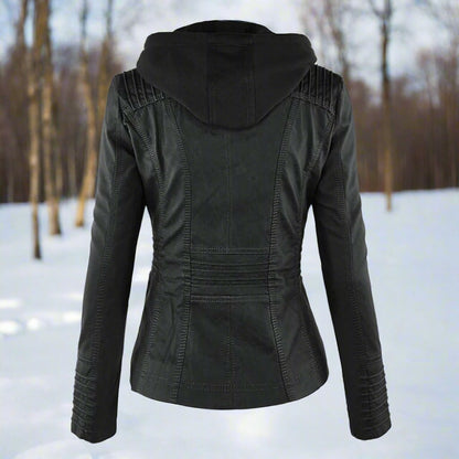 Dame Bikerjakke – Imitert Skinn – Slim Fit – Hette med Snøring – Glidelåslommer
