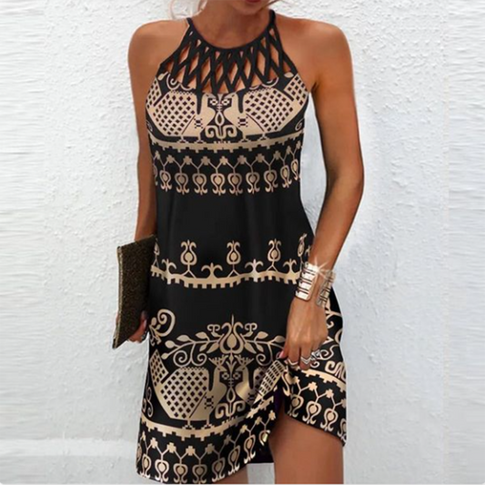 Women's Mini Dress - Sleeveless with Halterneck - Elegant Cut-Out Pattern - Loose Fit