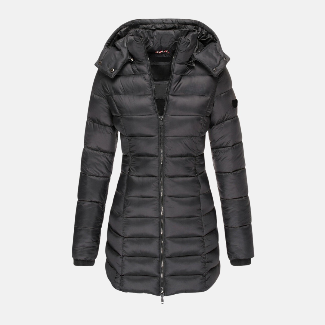 Women’s Puffer Coat - Slim Fit - Mid-Thigh Length - Hooded