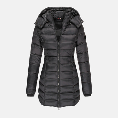 Women’s Puffer Coat - Slim Fit - Mid-Thigh Length - Hooded