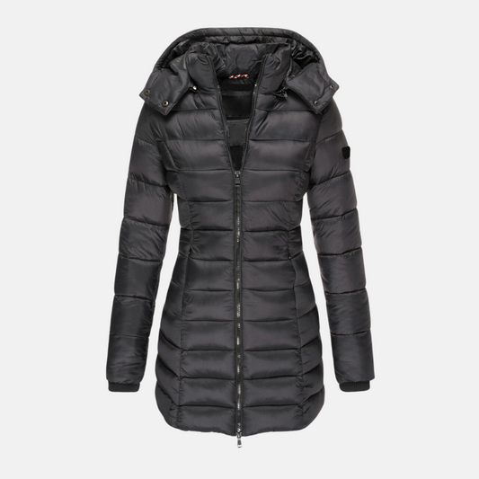 Women’s Puffer Coat - Slim Fit - Mid-Thigh Length - Hooded