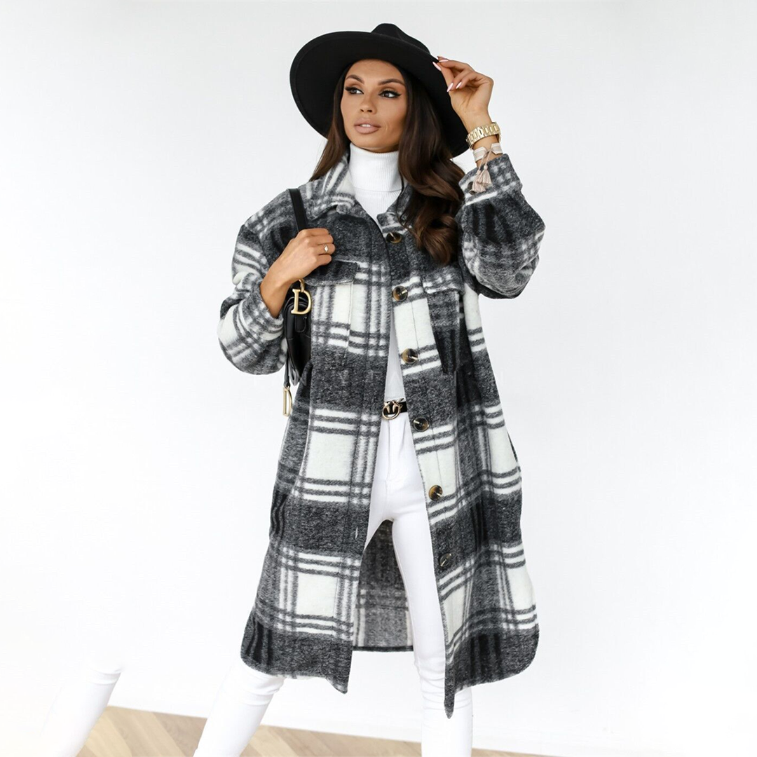 Women's Long Coat – Wool Blend – Oversized Fit – Check Pattern – Button Closure