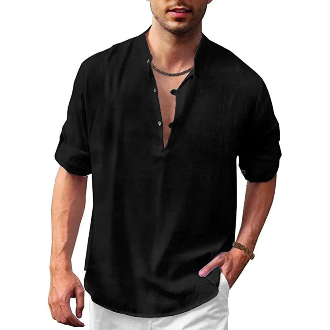 Men's Shirt - Stand Collar - Breathable Fabric - Relaxed Fit - Rolled-Up Sleeves