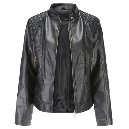 Women's Leather Jacket – Slim Fit – Quilted Shoulders – Stand Collar – Zipper Pockets