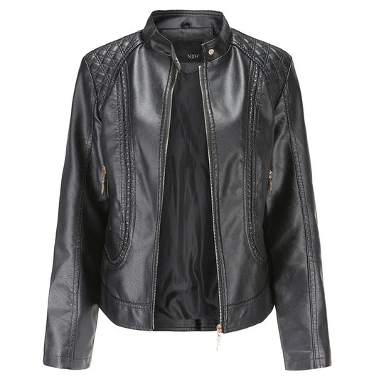 Women's Leather Jacket – Slim Fit – Quilted Shoulders – Stand Collar – Zipper Pockets
