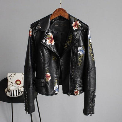 Women's Biker Jacket – Imitation Leather – Floral Embroidery – Stud Details – Asymmetric Zipper