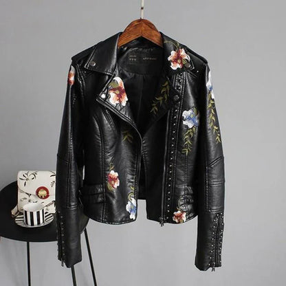 Women's Biker Jacket – Tailored Fit – Floral Embroidery – Studded Details – Lightweight