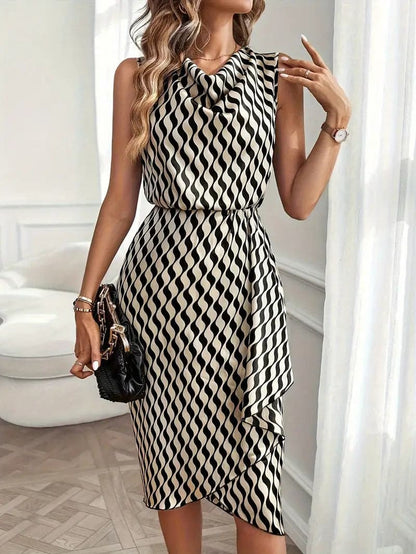 Women's Dress - Sleeveless With Draped Neckline - Elastic Waist - Asymmetric Hemline