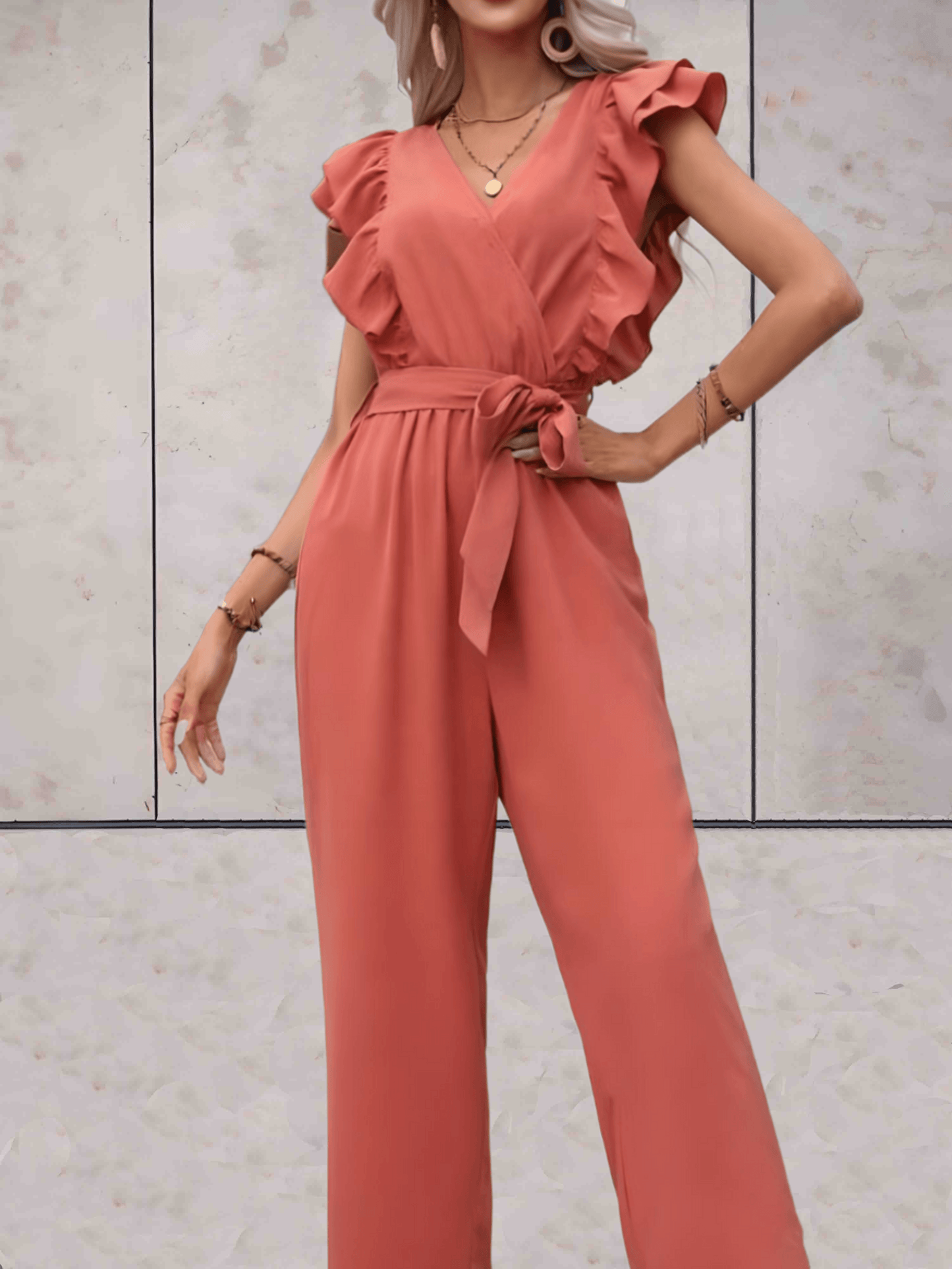 Women's Jumpsuit - V-neck - Ruffle Sleeves - Wrap Top with Tie Belt - Wide Legs