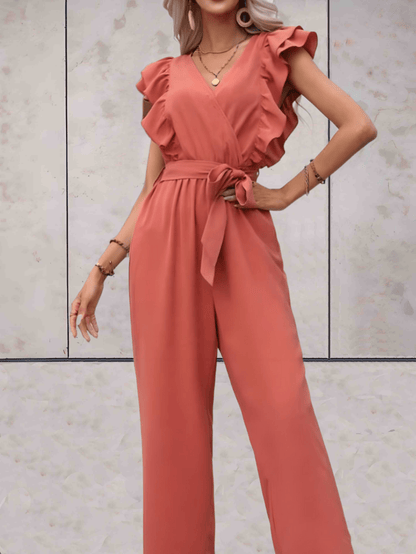 Women's Jumpsuit - V-neck - Ruffle Sleeves - Wrap Top with Tie Belt - Wide Legs