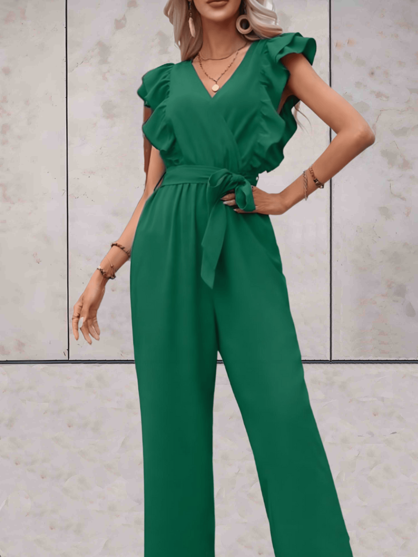 Women's Jumpsuit - V-neck - Ruffle Sleeves - Wrap Top with Tie Belt - Wide Legs