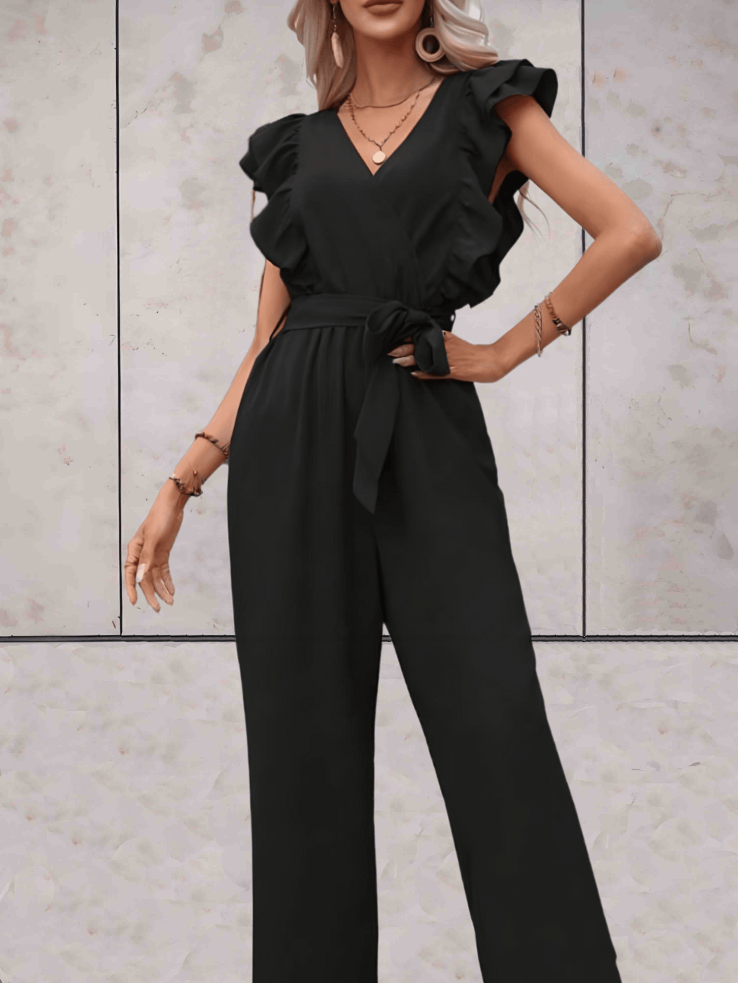 Women's Jumpsuit - V-neck - Ruffle Sleeves - Wrap Top with Tie Belt - Wide Legs