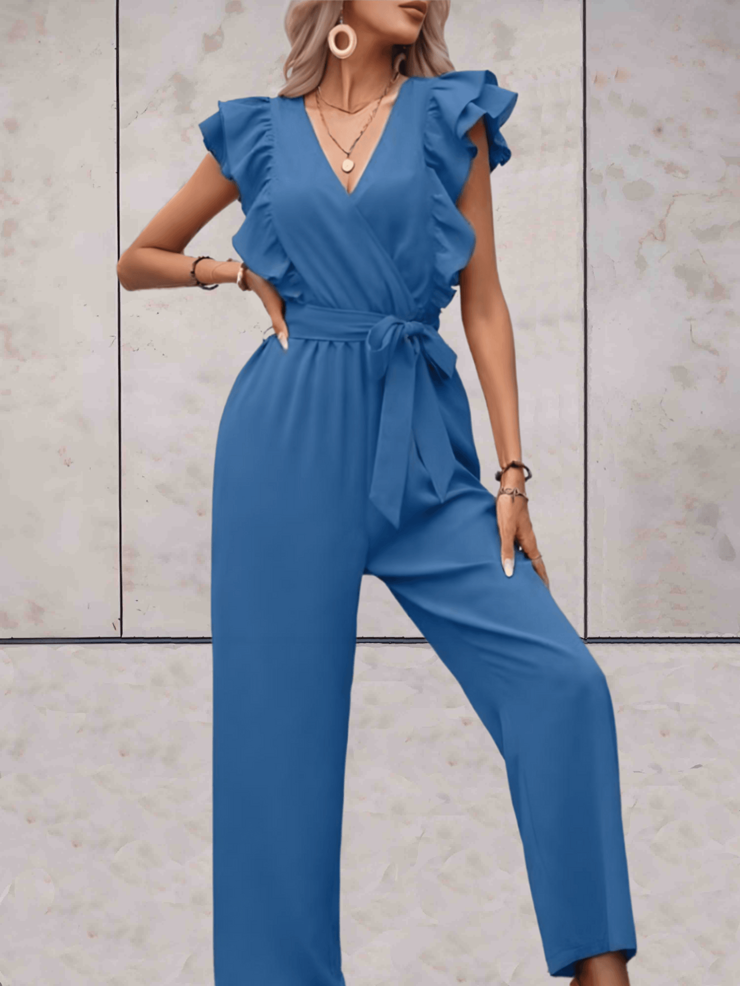 Women's Jumpsuit - V-neck - Ruffle Sleeves - Wrap Top with Tie Belt - Wide Legs
