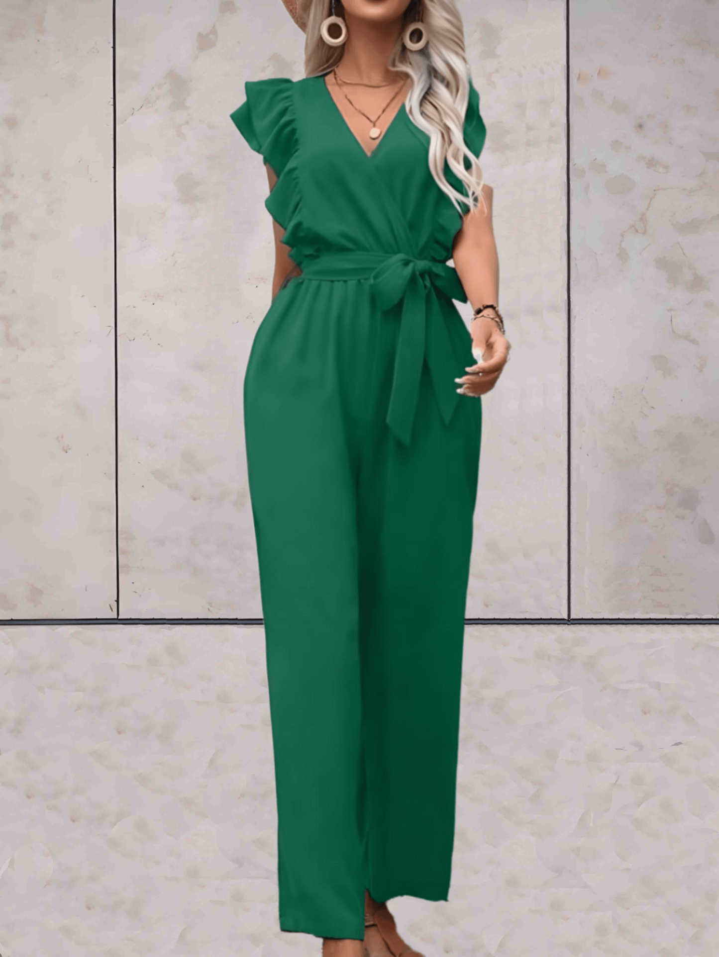 Women's Jumpsuit - V-neck - Ruffle Sleeves - Wrap Top with Tie Belt - Wide Legs