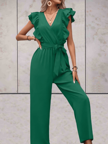 Women's Jumpsuit - V-neck - Ruffle Sleeves - Wrap Top with Tie Belt - Wide Legs