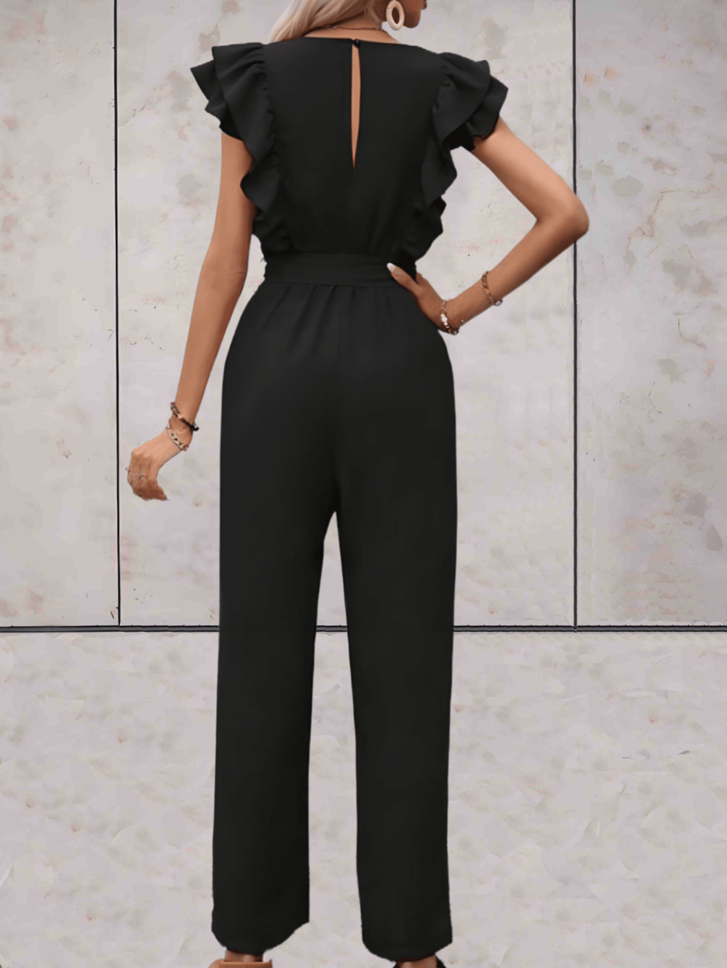 Women's Jumpsuit - V-neck - Ruffle Sleeves - Wrap Top with Tie Belt - Wide Legs