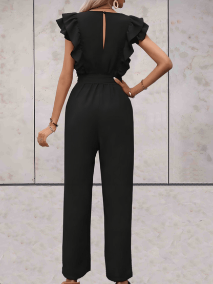 Women's Jumpsuit - V-neck - Ruffle Sleeves - Wrap Top with Tie Belt - Wide Legs